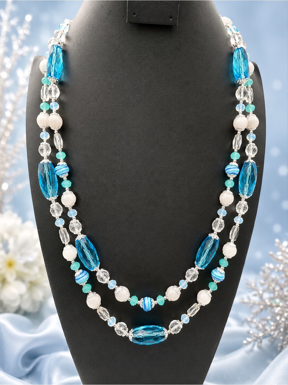 Artisan White Jade Crystal Quartz Aqua Glass Sterling Double Strand Necklace 925